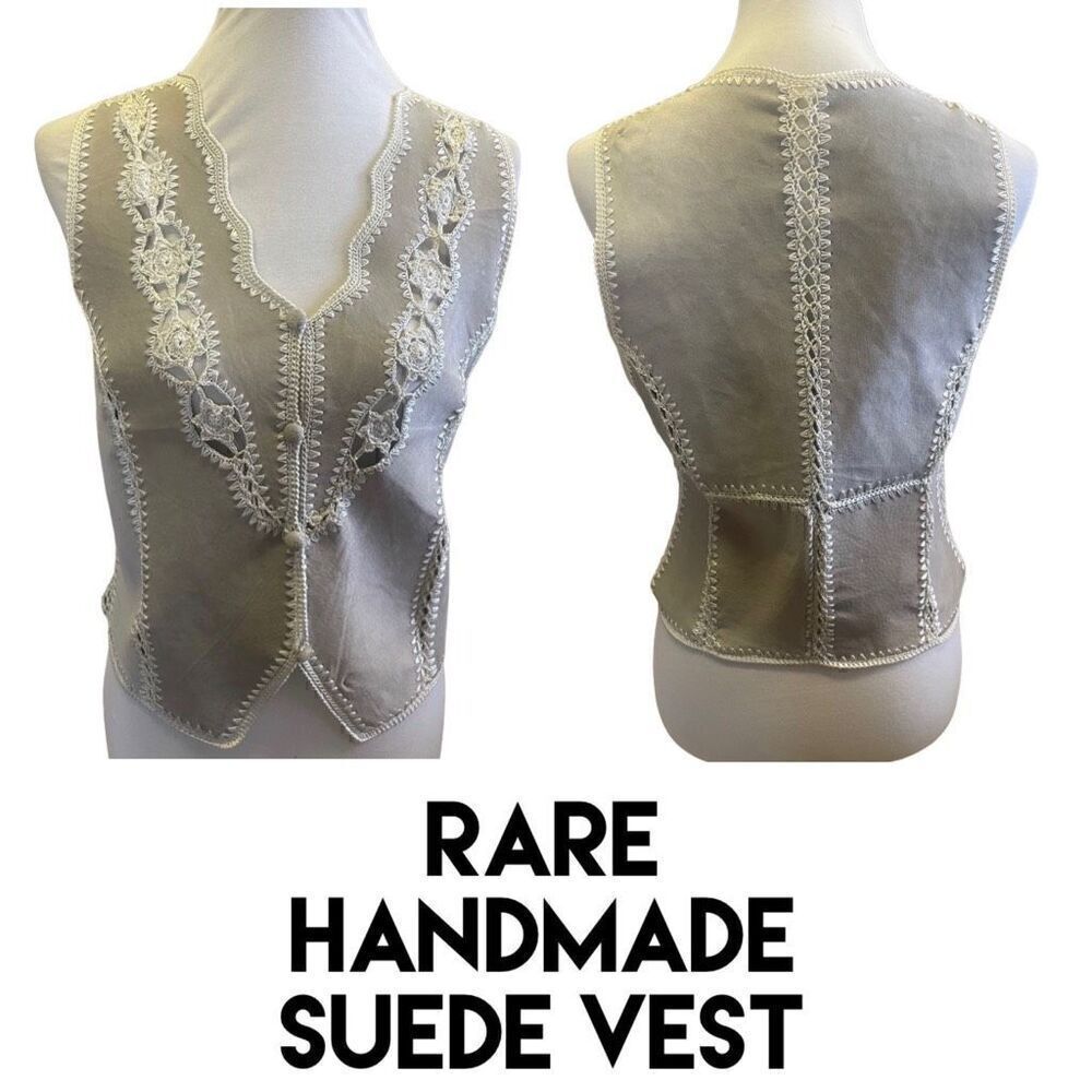 Handmade Suede Crochet Lace Beige/Cream RARE  Boho Chic Vest Size Small-EUC